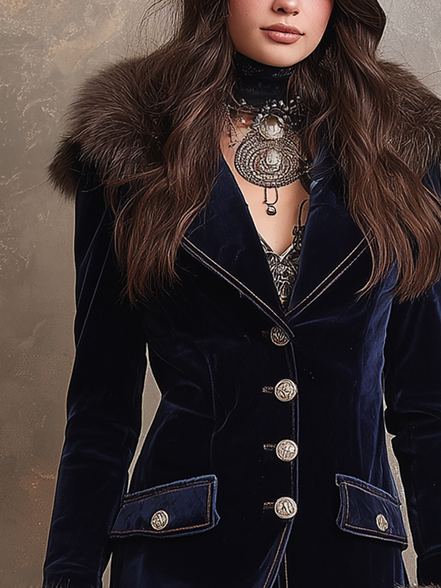 Vintage Faux Fur Collar Polyester Velvet Jacket