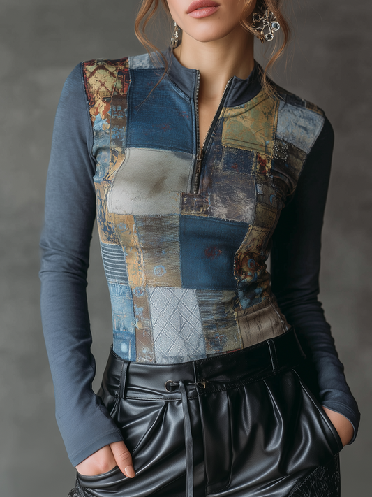 Vintage Zipper Neck Patchwork Long Sleeve Blouse