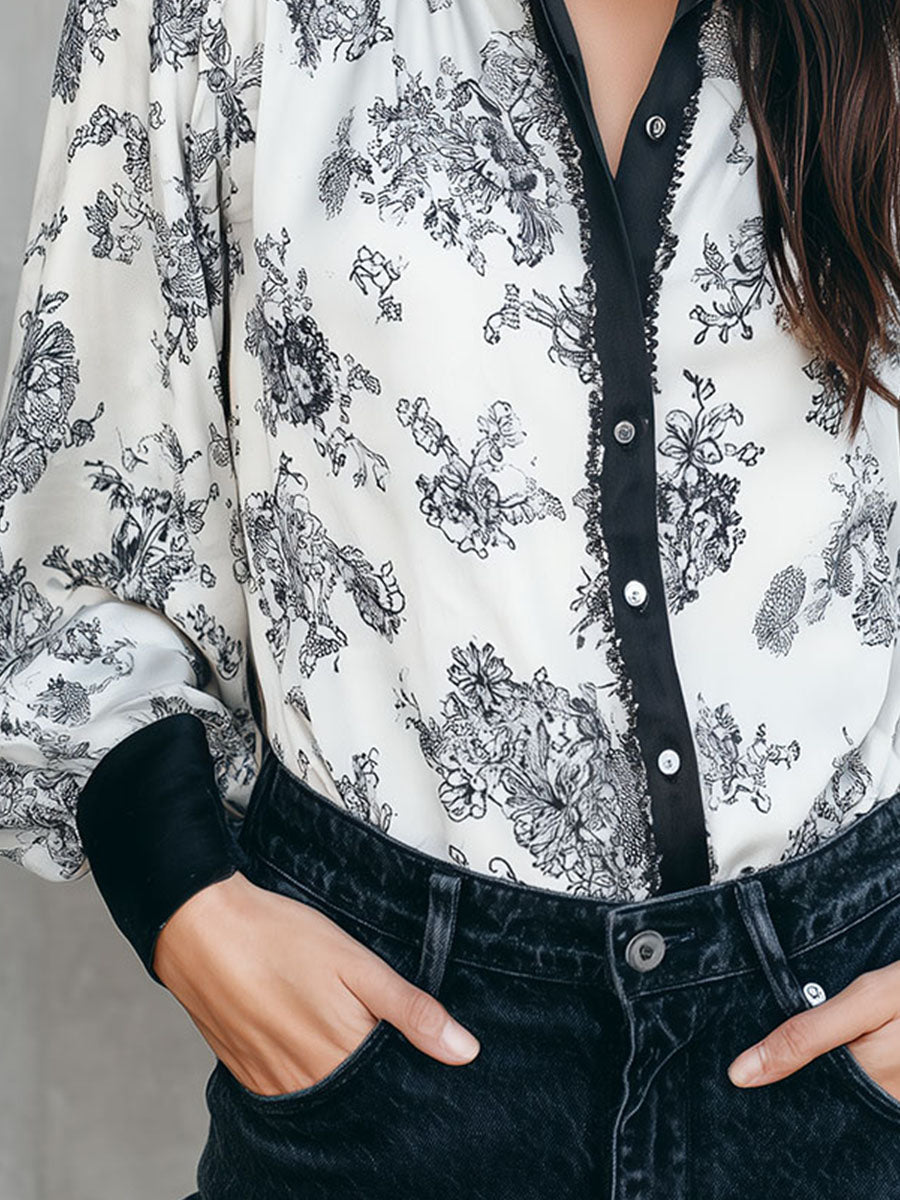 Vintage Monochrome Floral Silk Blouse With Contrast Trim