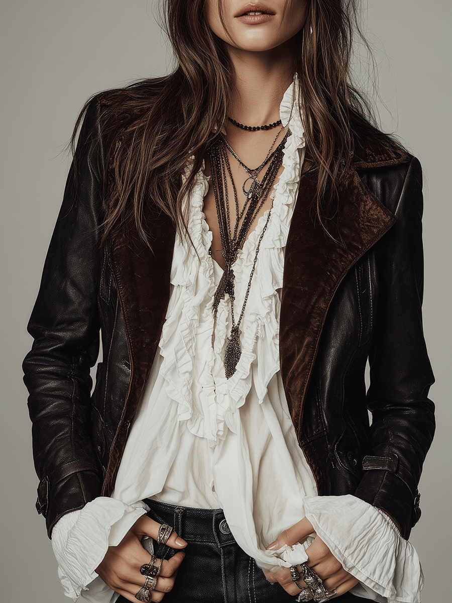 Retro-Style Black Leather-Trimmed Jacket