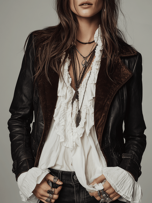 Retro-Style Black Leather-Trimmed Jacket
