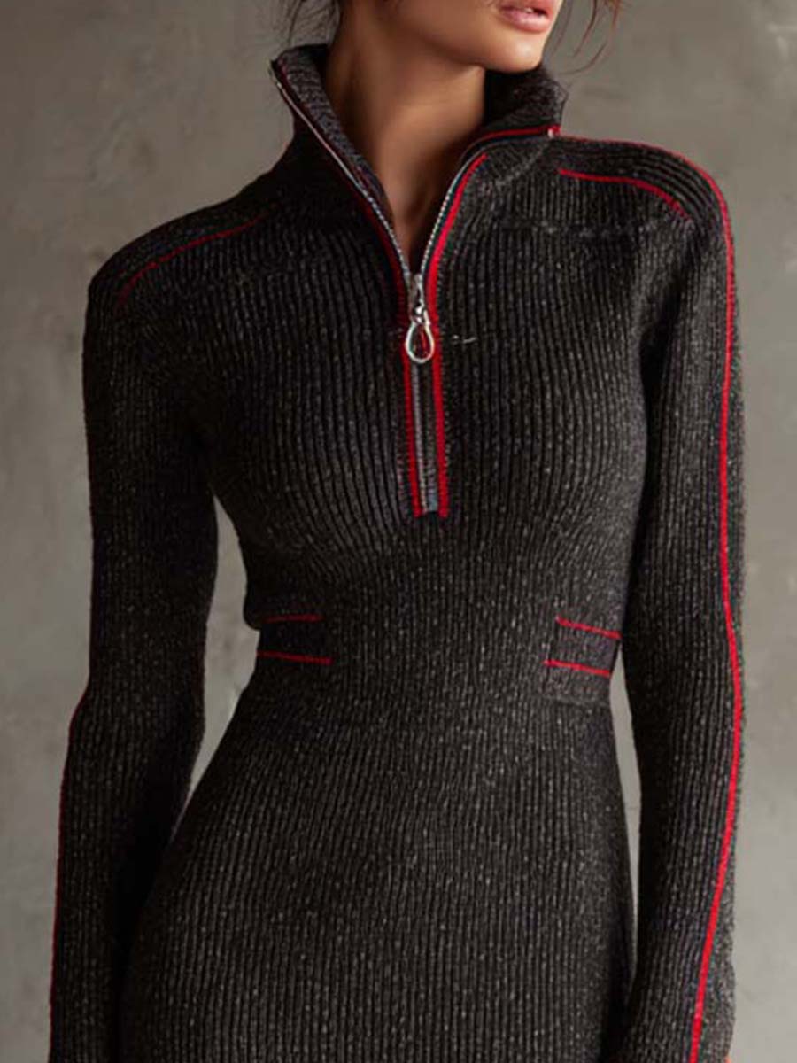 Rock Ash Knit Bodycon Midi Dress With Red Trim
