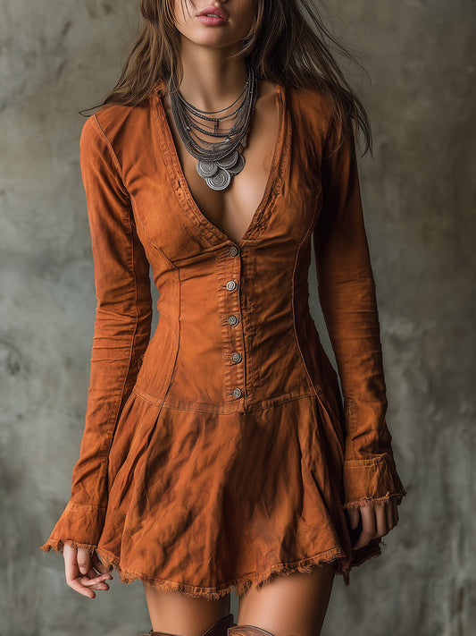 Boho Style Washed Raw Hem Slim Fit Mini Dress