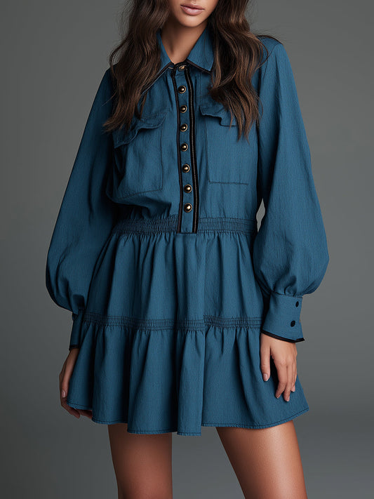 Retro Elegance Midnight Teal Structured Cotton-blend Mini Dress