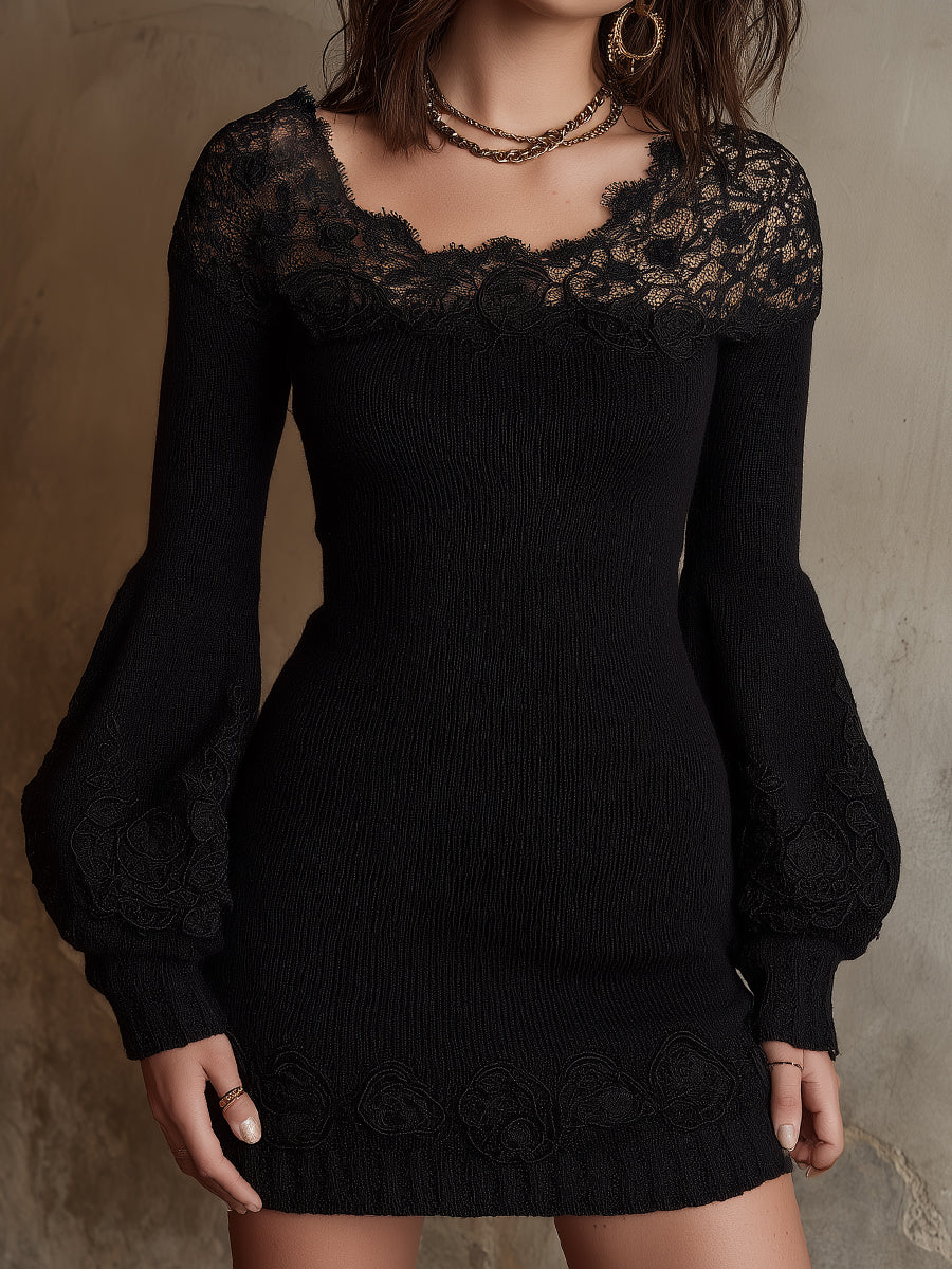 Bohemian Form Romance Knit Lace Mini Dress
