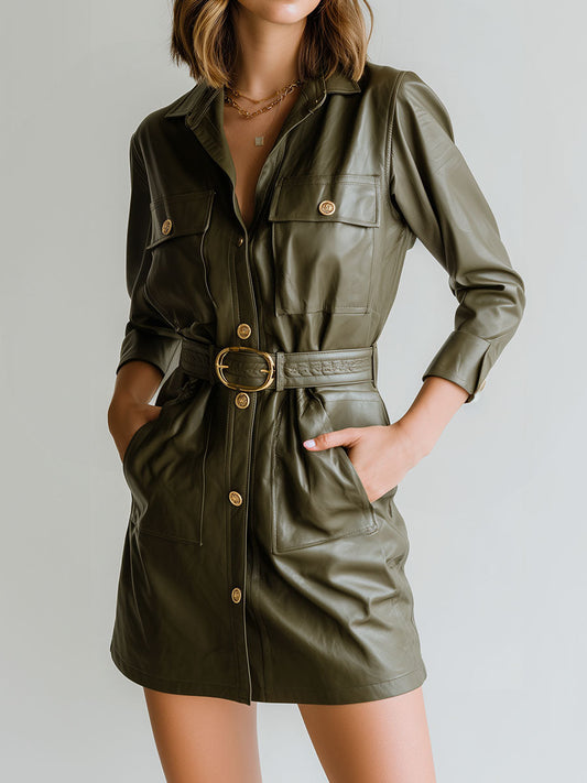 Chic Olive Green Button-Up Eco Leather Belted Shirt Dress With Pockets