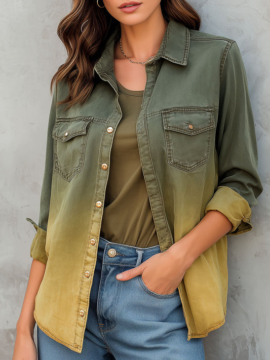 Casual Button-Up Ombre Green-Yellow Gradient Shirt Jacket