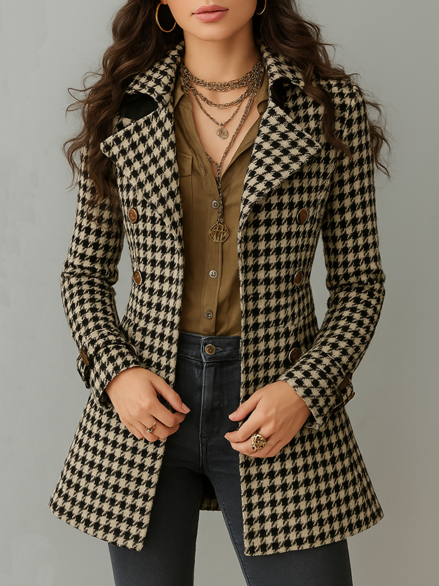 Retro Houndstooth Tweed Jacket With Lapel