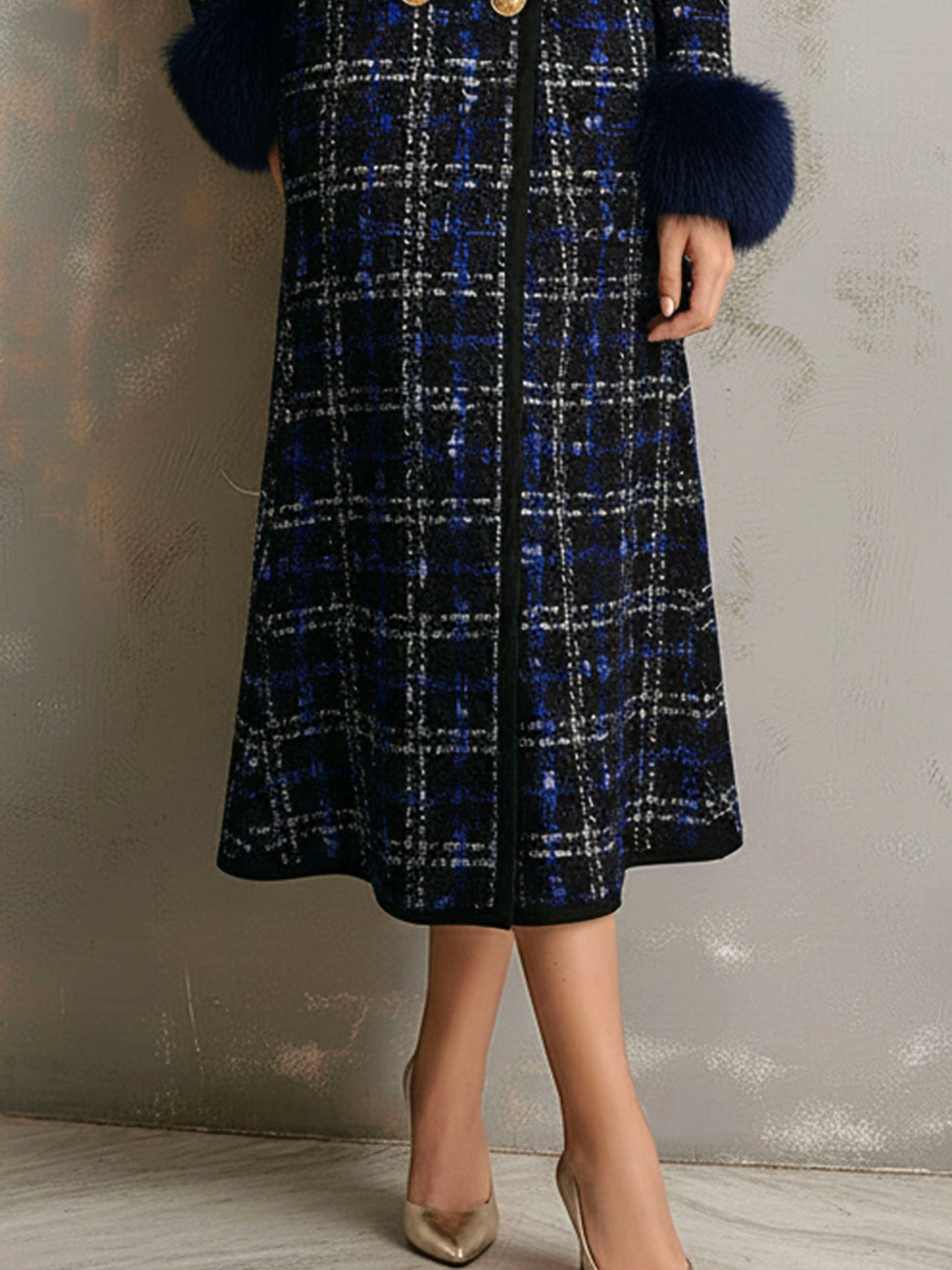 Elegant Navy Plaid Wool Coat With Eco Fur Collar & Cuff