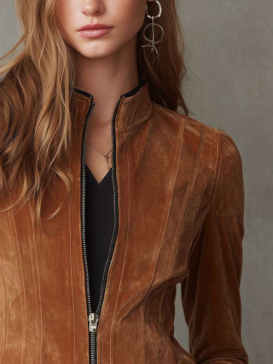 Retro Contrast Color Trim Zipper Velvet Jacket
