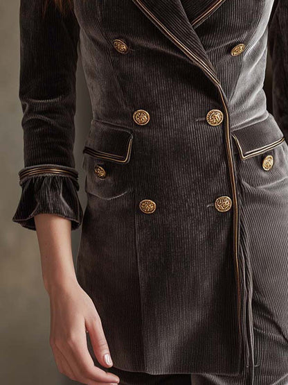 Corduroy Velvet Double-Breasted Blazer With Gold Trim
