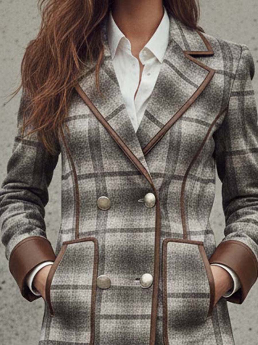 Plaid Print Faux Suede Coat With Leather Trim