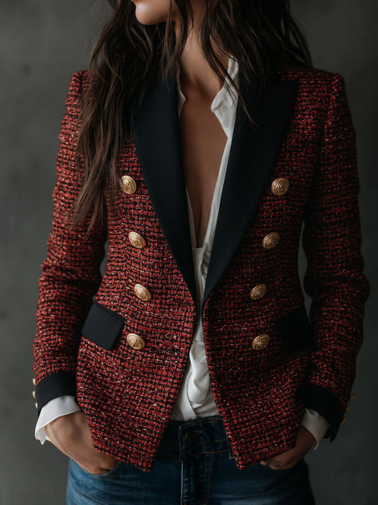 Retro Black Lapel Rust Tweed Double-Breasted Blazer