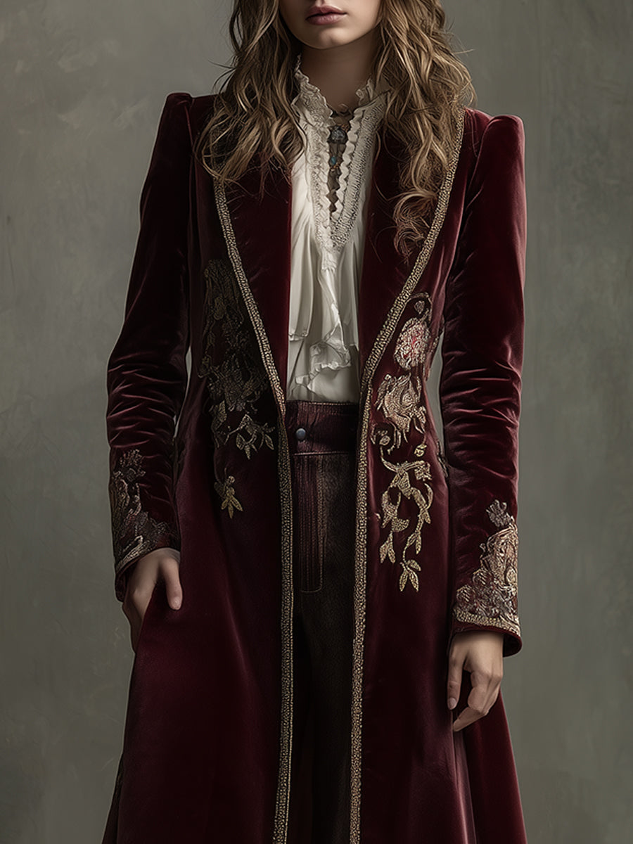 Quiet Luxury Velvet Embroidered Webbing Mid-length Coat