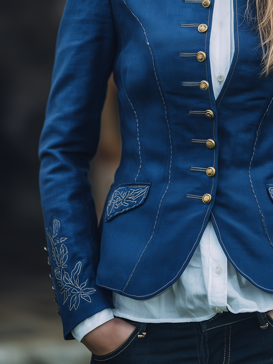 Vintage Embroidered Stand Collar Multi-Button Jacket