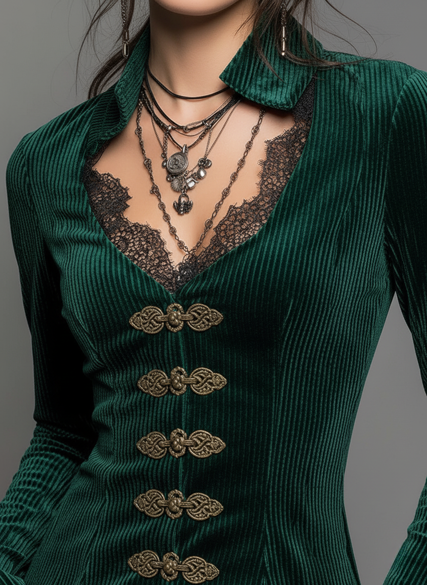 Emerald Velvet Lace Trim Victorian Style Blouse