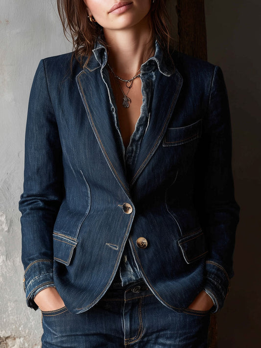 Vintage Washed Denim Lapel Blazer