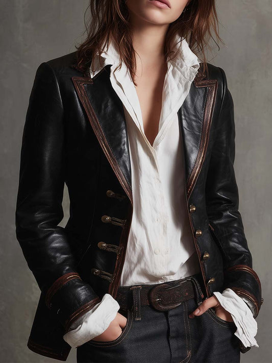 Black Eco-Leather Military-Inspired Blazer