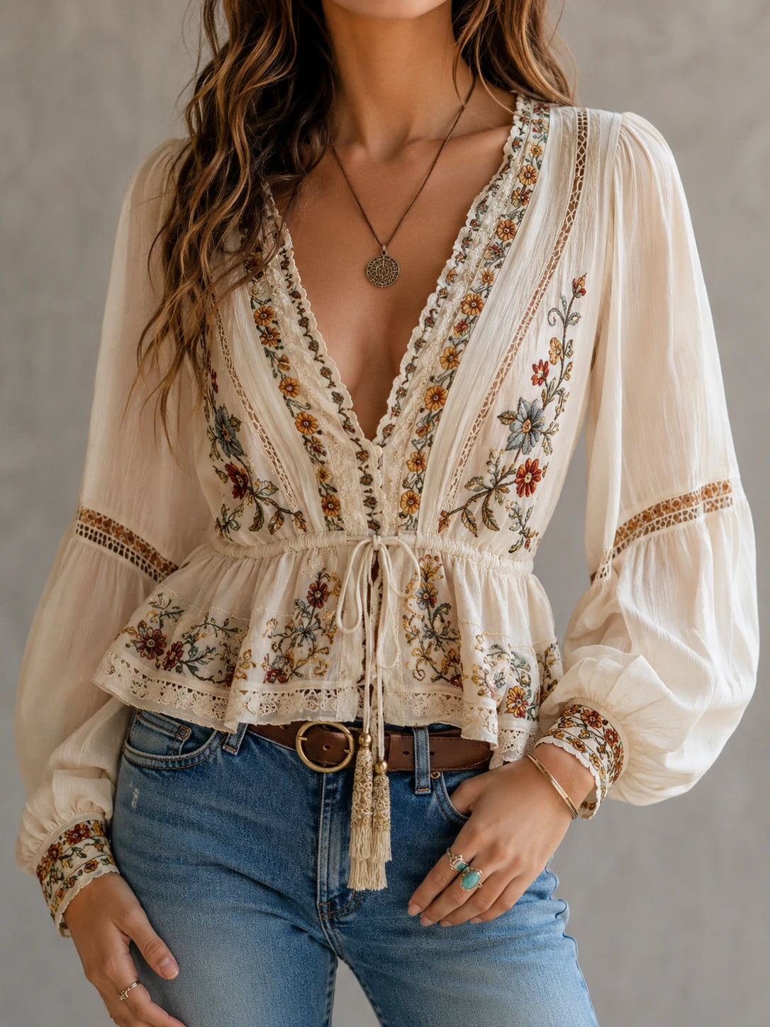 Boho Embroidered Lace Peplum Wrap Blouse