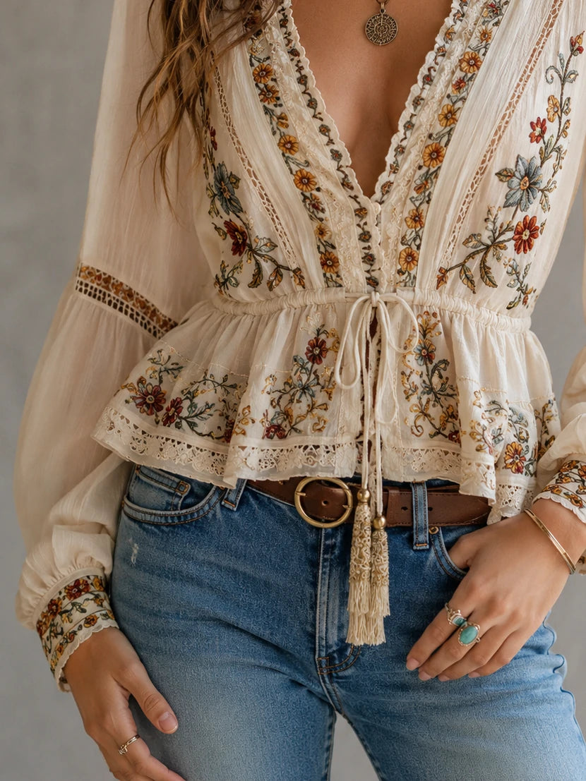 Boho Embroidered Lace Peplum Wrap Blouse