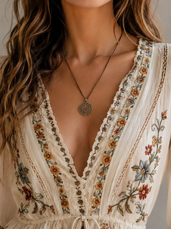 Boho Embroidered Lace Peplum Wrap Blouse