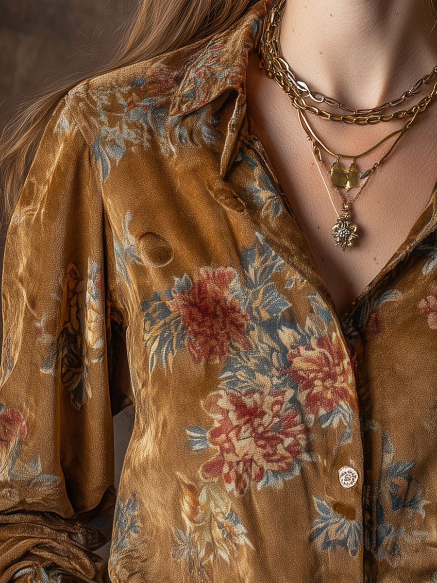 Vintage Suede Floral Print Puff Sleeves Blouse