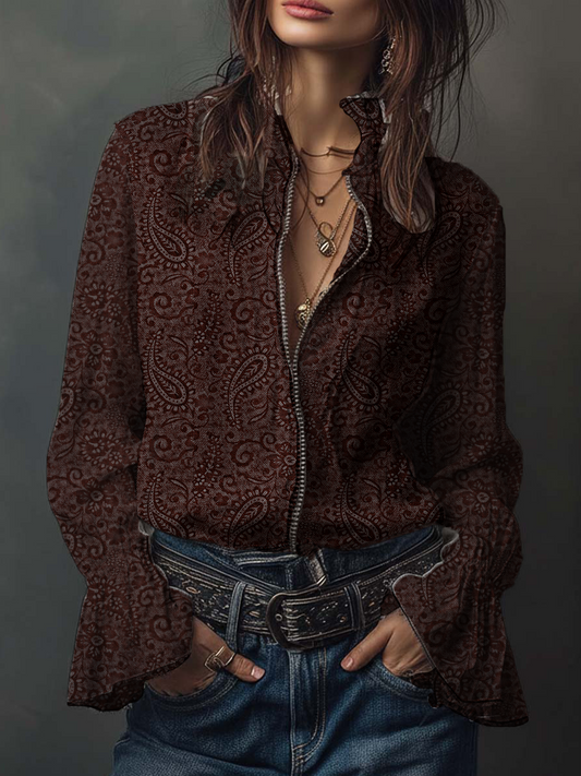 Retro Paisley Mesh Ruffle Sleeve Blouse