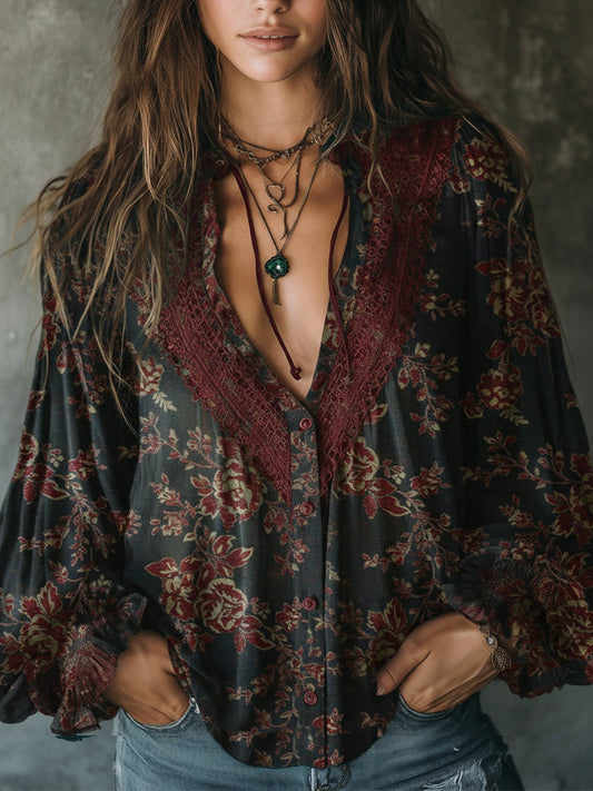 Vintage Floral Jacquard Mixed Cotton Lace Loose Blouse