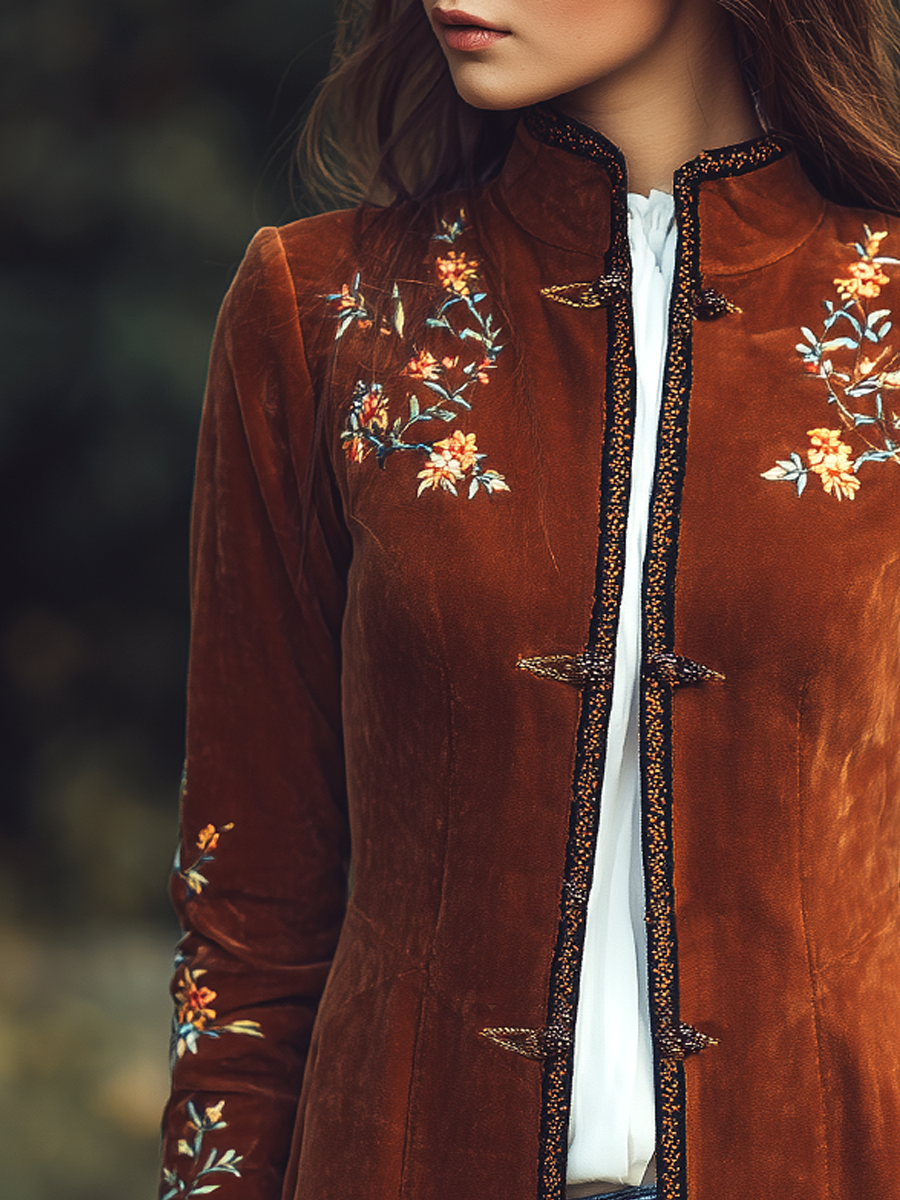 Vintage Contrast Trim Embroidered Velvet Mid-Length Jacket
