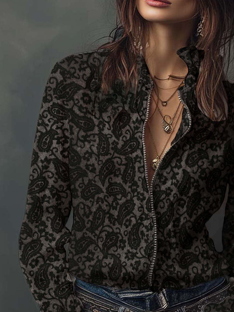 Retro Paisley Flocked Knitted Zipper Blouse