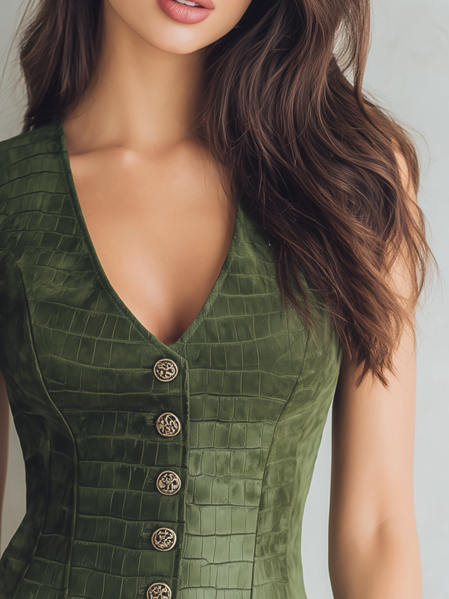 Vintage Buttons Crocodile Faux Suede Leather Vest
