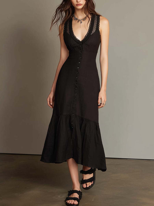 Vintage Lace-trimmed Cotton And Linen Midi Dress