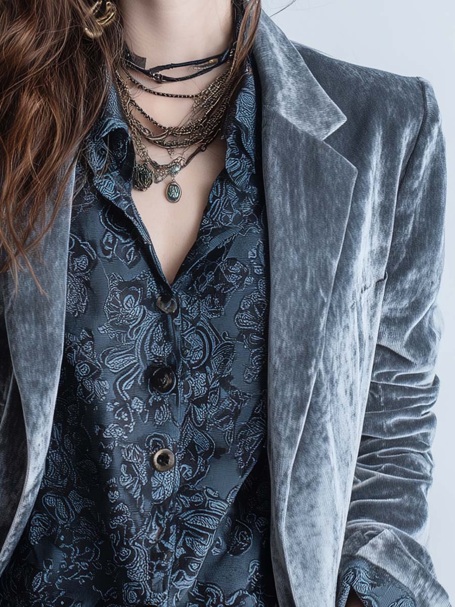Vintage Stone Grey Lapel Velvet Blazer