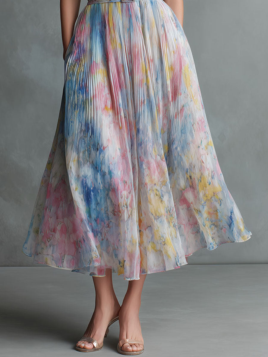 Elegant Sky Blue Halter Pleated Midi Dress With Watercolor Skirt