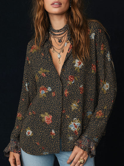 Retro Floral Print Curved Hem Ruffled Sleeves Blouse