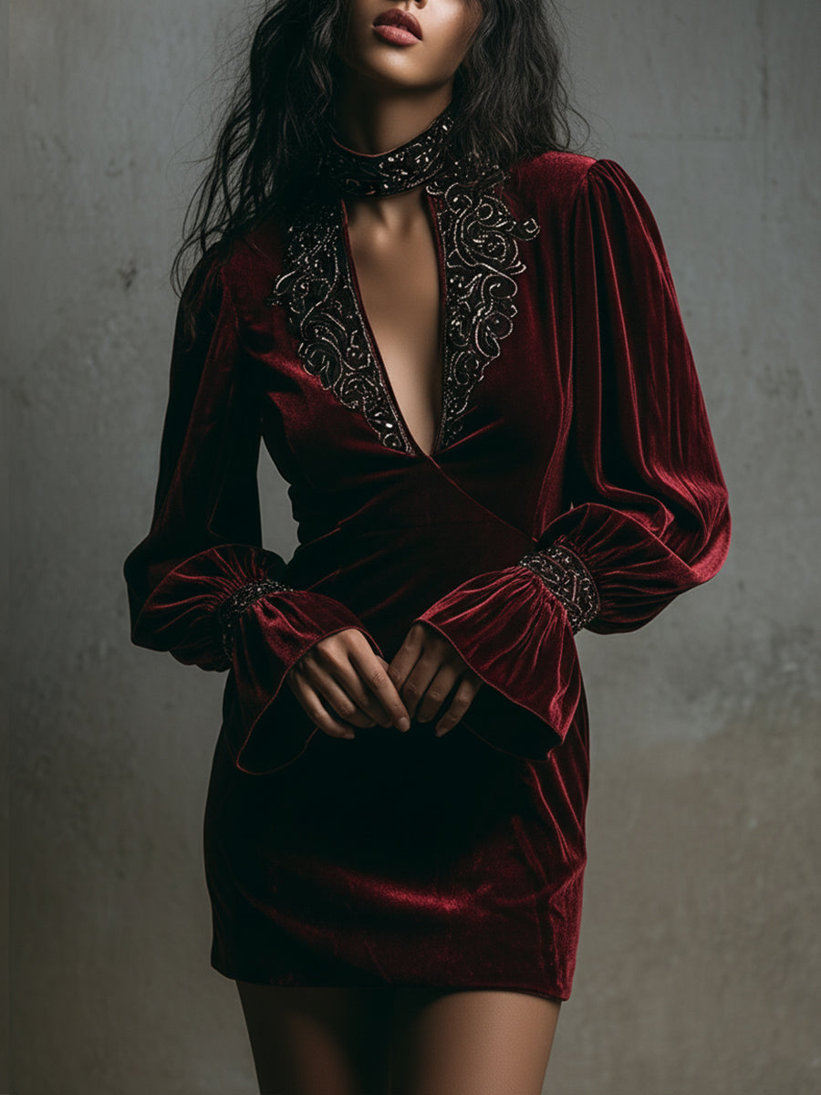 Quiet Luxury Embroidered Keyhole Collar Polyester Velvet Mini Dress