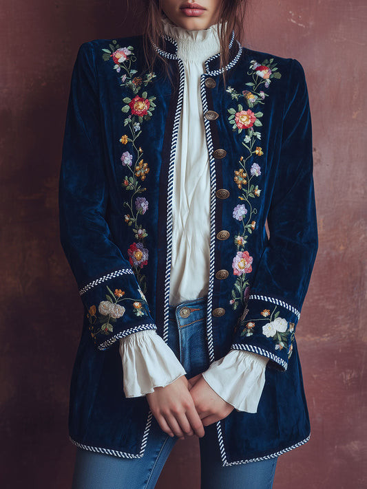 Vintage Floral Boho Embroidered Microsuede Long Jacket