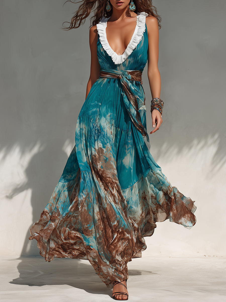 Bohemian Chiffon Printed Maxi Dress With Ruffles