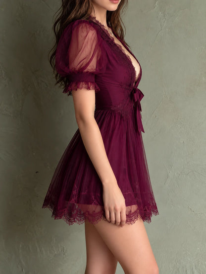 Romantic V-Neck Burgundy Lace And Tulle Bow Mini Dress