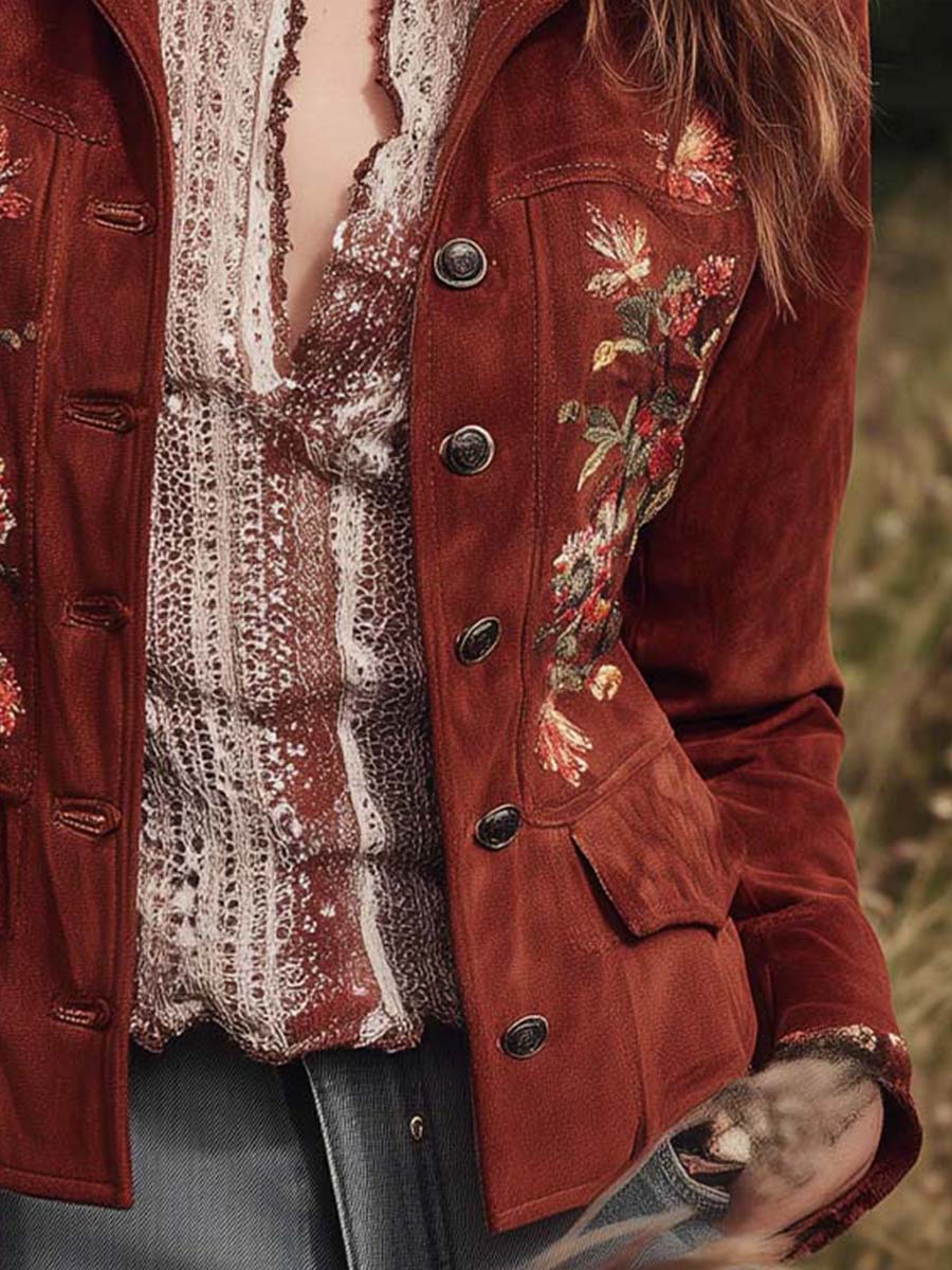 Vintage Brown Embroidered Bohemian Micro Suede Button Jacket