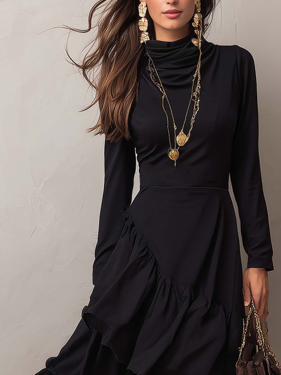 Retro-style Draped Neckline And Irregular Hem Midi Dress
