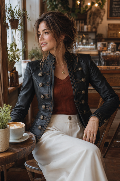 Vintage Military Gold-Button Black Faux Leather Fitted Jacket
