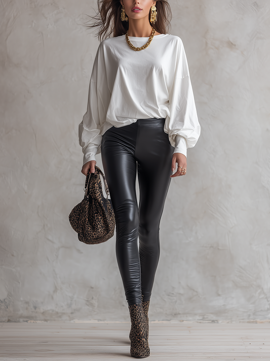 Vintage Loose T-shirt And Eco-Leather Leggings Set