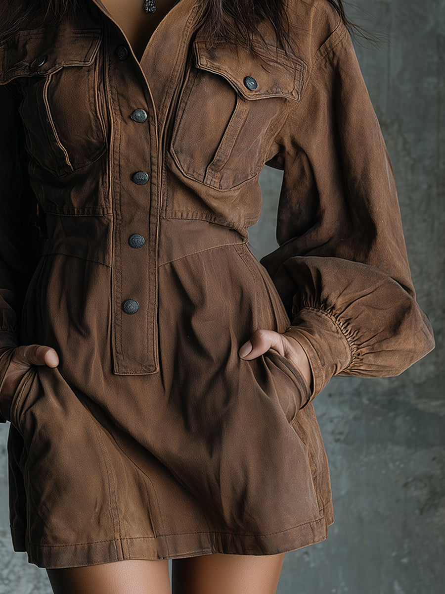 Retro Distressed Bohemian Lantern Sleeve Washed Denim Mini Dress