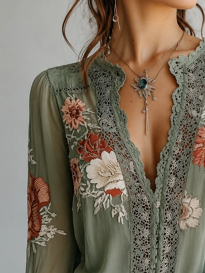Lazy Afternoon Floral Lace Blouse — Sheer Boho Top for Golden Hour Escapes
