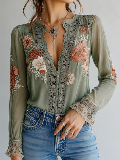 Bohemian Floral Printed Lace Blouse