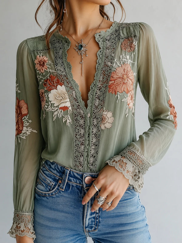 Bohemian Floral Printed Lace Blouse