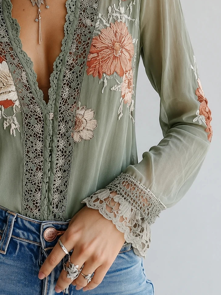 Lazy Afternoon Floral Lace Blouse — Sheer Boho Top for Golden Hour Escapes