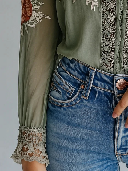 Lazy Afternoon Floral Lace Blouse — Sheer Boho Top for Golden Hour Escapes
