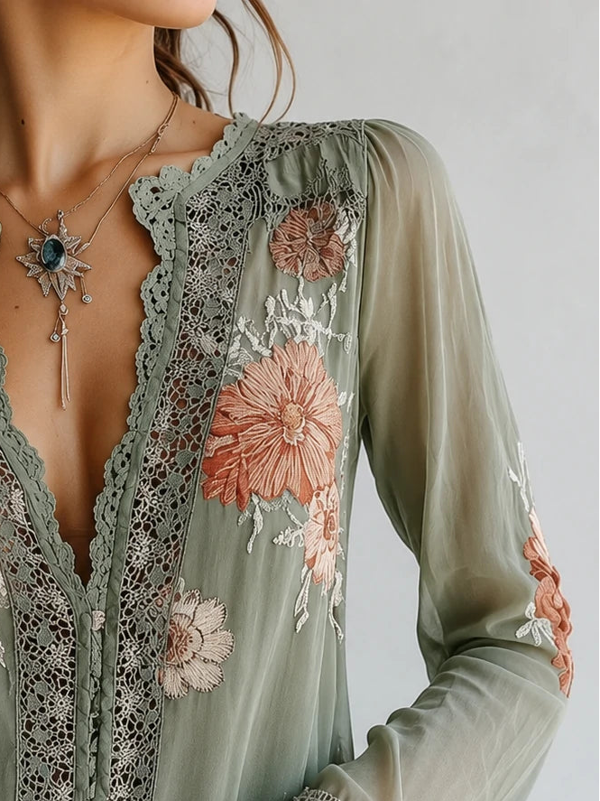 Lazy Afternoon Floral Lace Blouse — Sheer Boho Top for Golden Hour Escapes